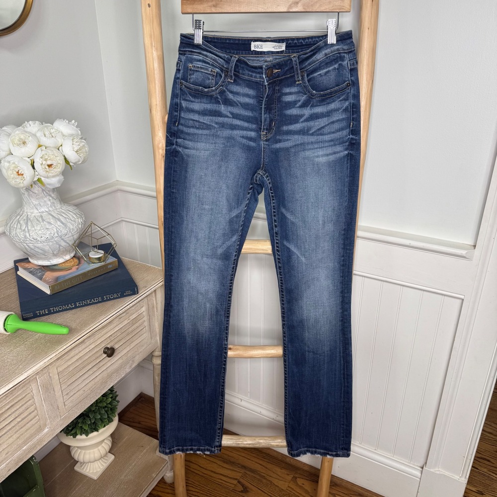 BKE Gabby Curvy Fit High Rise Tailored Bootcut Jeans Dark Wash Distressed 27x33